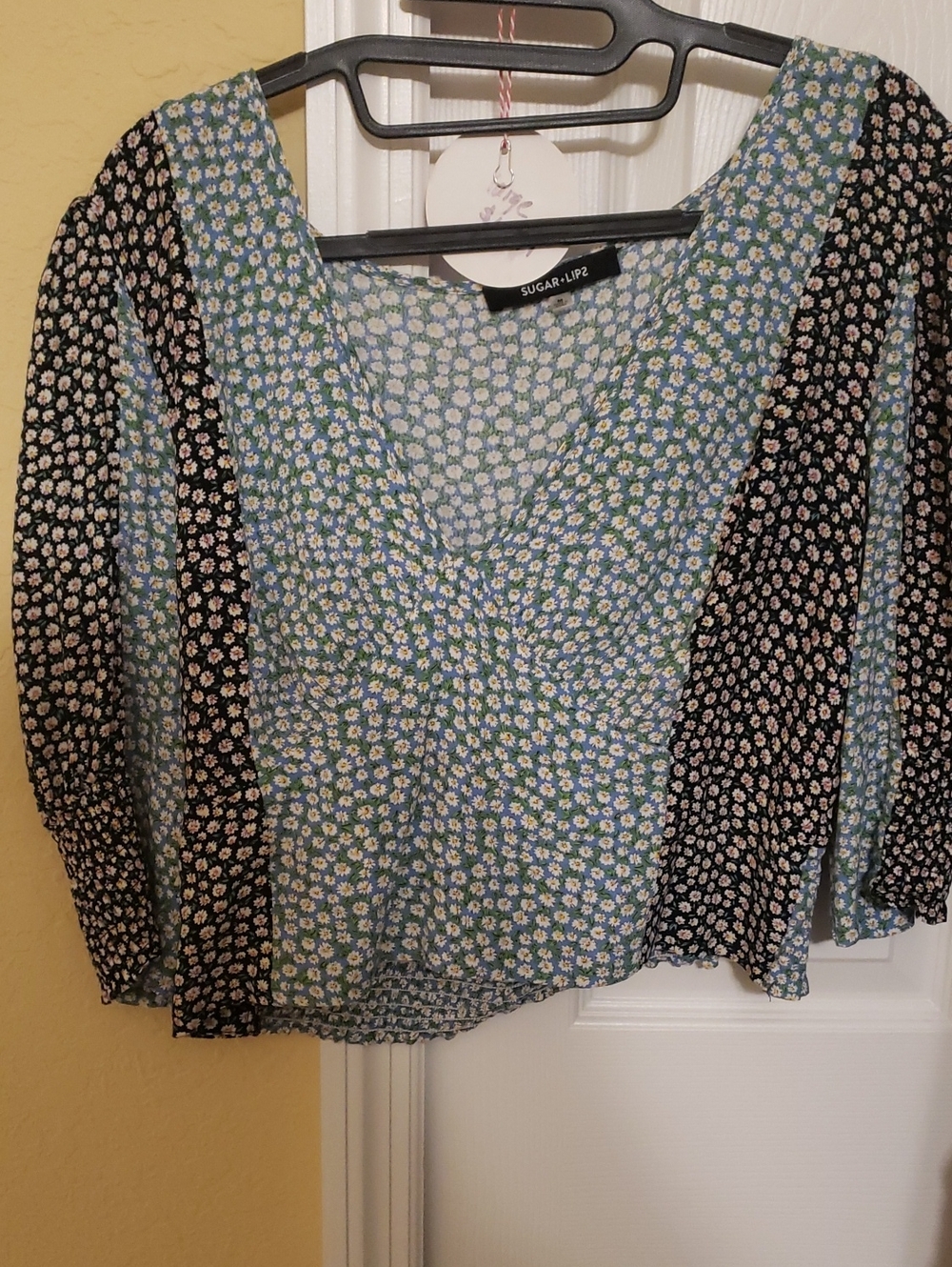Sugarlips Blue and Black Floral V-Neck Blouse